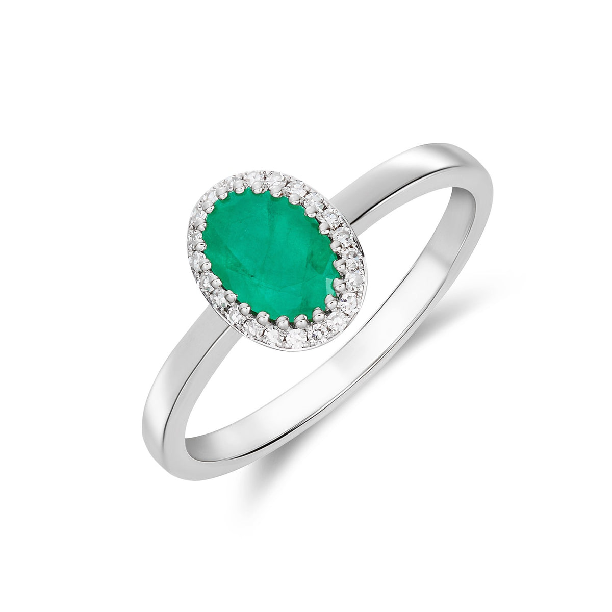 9CT WHITE GOLD OVAL EMERALD AND ROUND DIAMOND CLAW SET CLUSTER RING