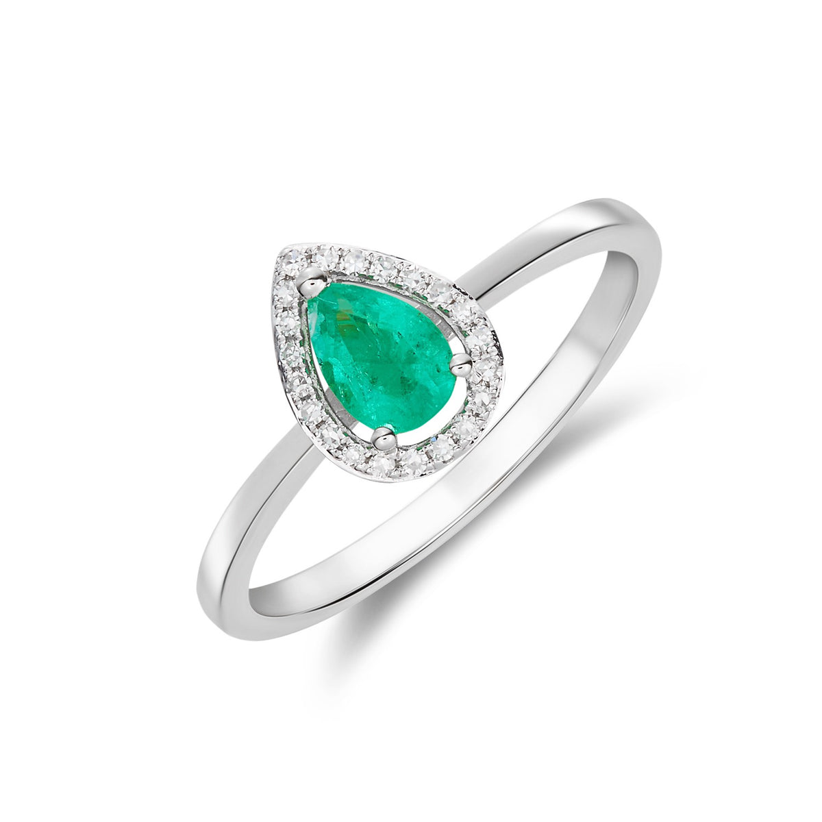 9CT WG 6X4 PEARSHAPE EMERALD & DIAMOND HALO CLAW CLUSTER RING