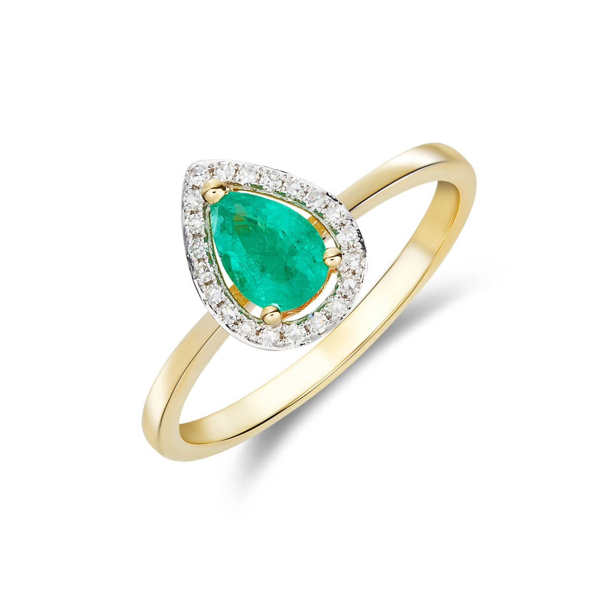 9CT YG 7X5 PEARSHAPE EMERALD & DIAMOND HALO CLAW CLUSTER RING. RHODIUM TO DIAMONDS