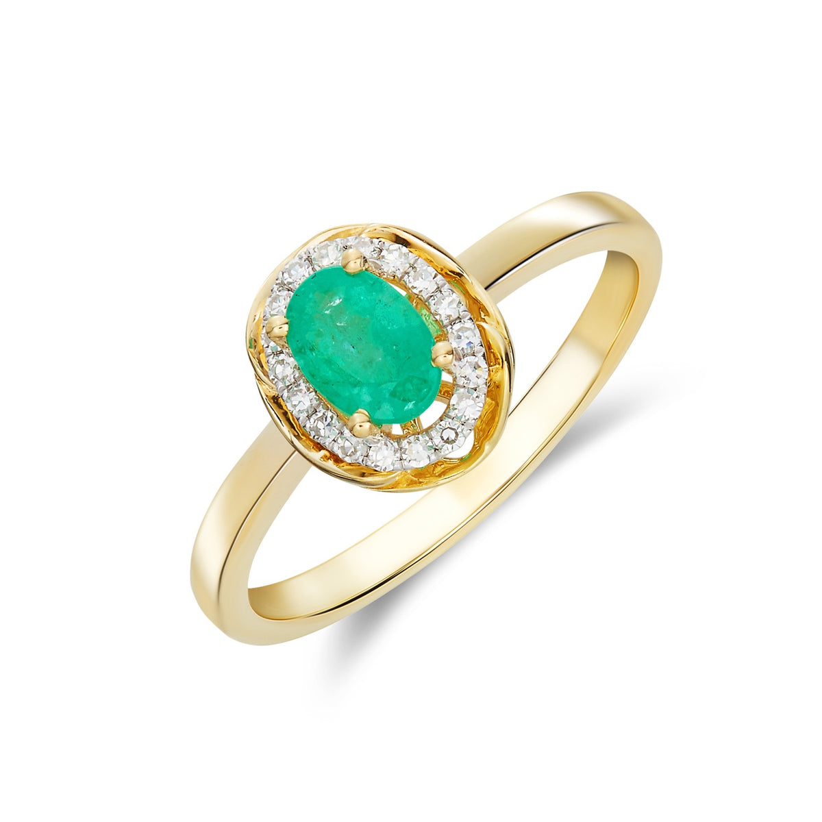 9CT YG 6X4 OVAL EMERALD & DIAMOND CLUSTER RING WITH ROPE EDGE. RHODIUM TO DIAMONDS