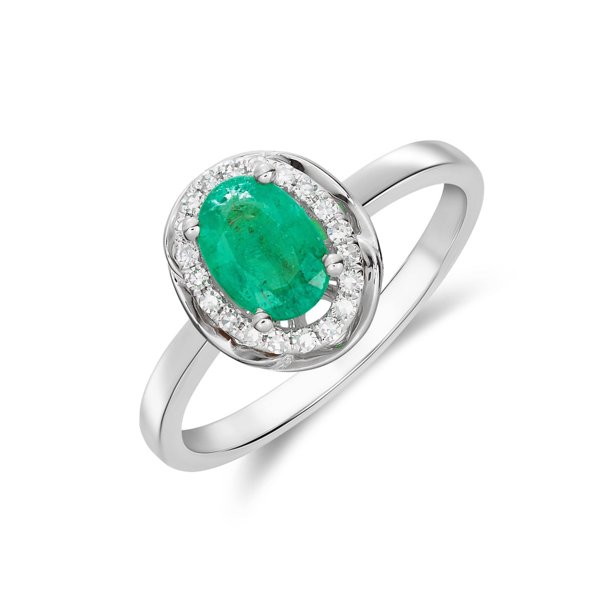 9CT WG 7X5 OVAL EMERALD & DIAMOND CLUSTER RING WITH ROPE EDGE