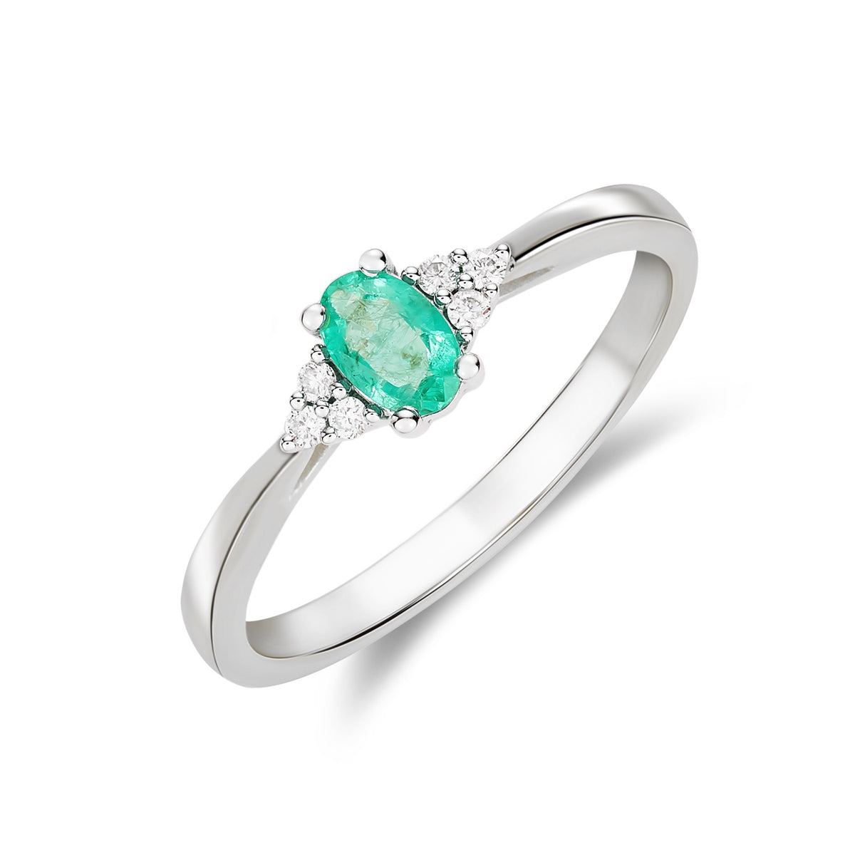 9CT WG 6X4 OVAL EMERALD AND DIAMOND TREFOIL SHOULDERS CLAW SET RING