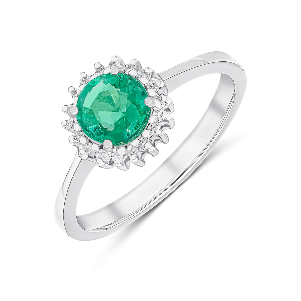 9CT WG 6MM ROUND EMERALD & DIAMOND CLAW SET CLUSTER RING
