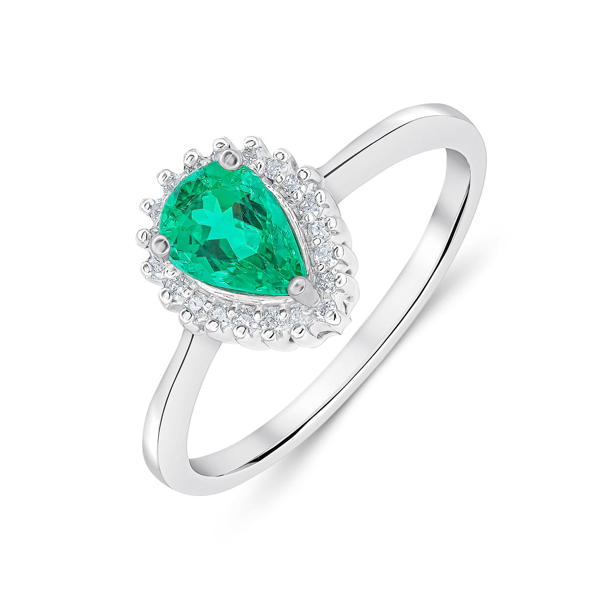 9CT WG 7X5MM PEARSHAPE EMERALD & DIAMOND CLAW SET CLUSTER RING
