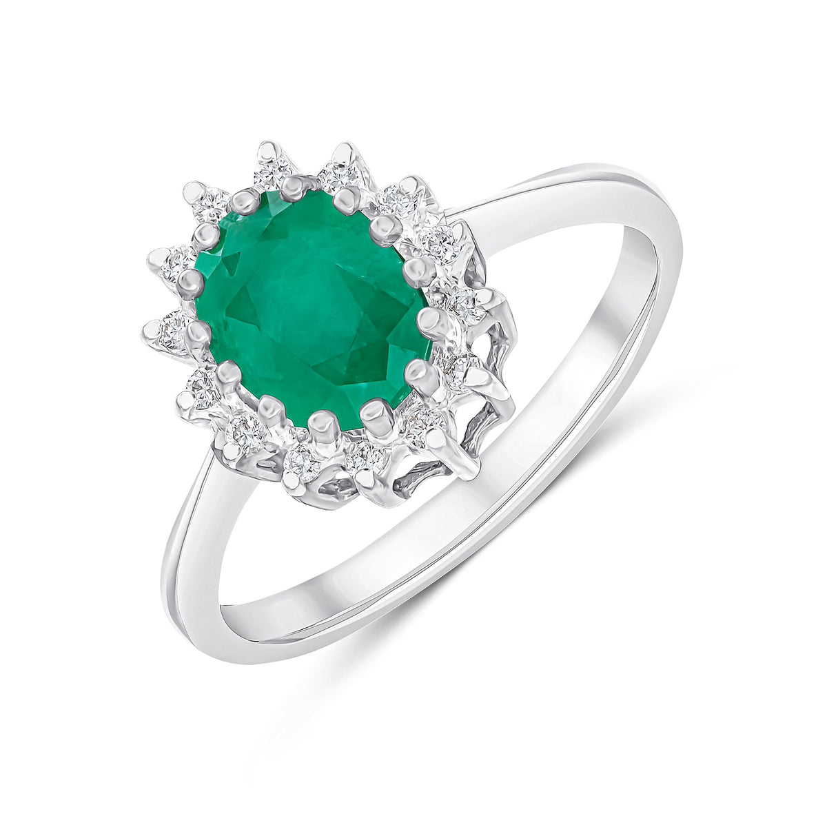 9CT WG 8X6 OVAL EMERALD & DIAMOND CLAW SET CLUSTER RING