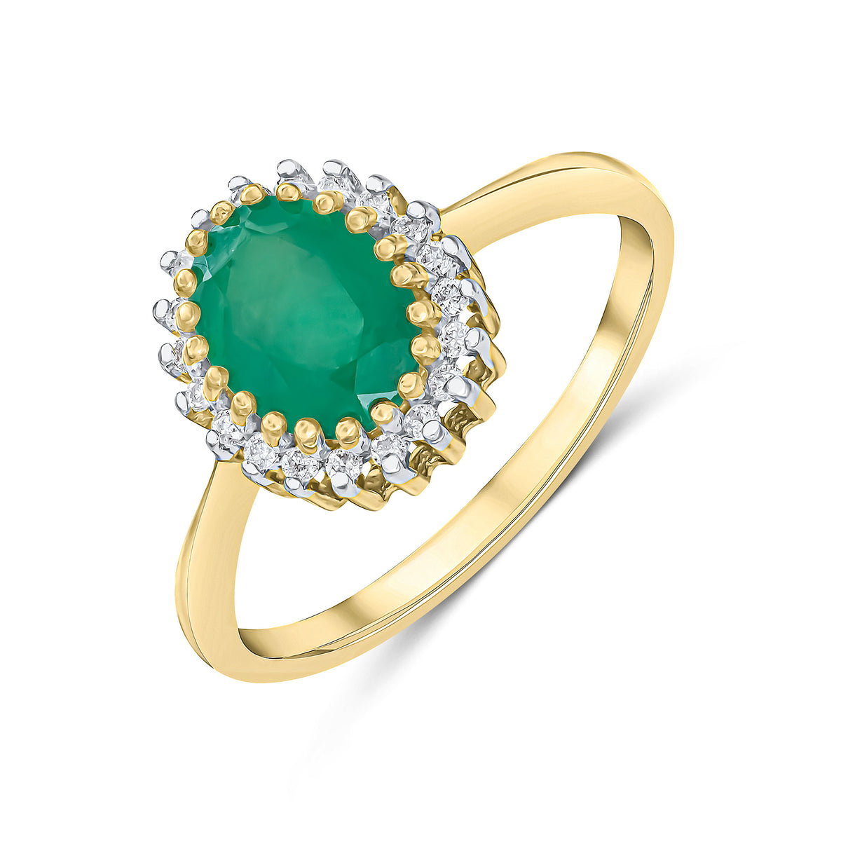 9CT YG 8X6 OVAL EMERALD & DIAMOND CLAW SET CLUSTER RING. RHODIUM TO DIAMONDS