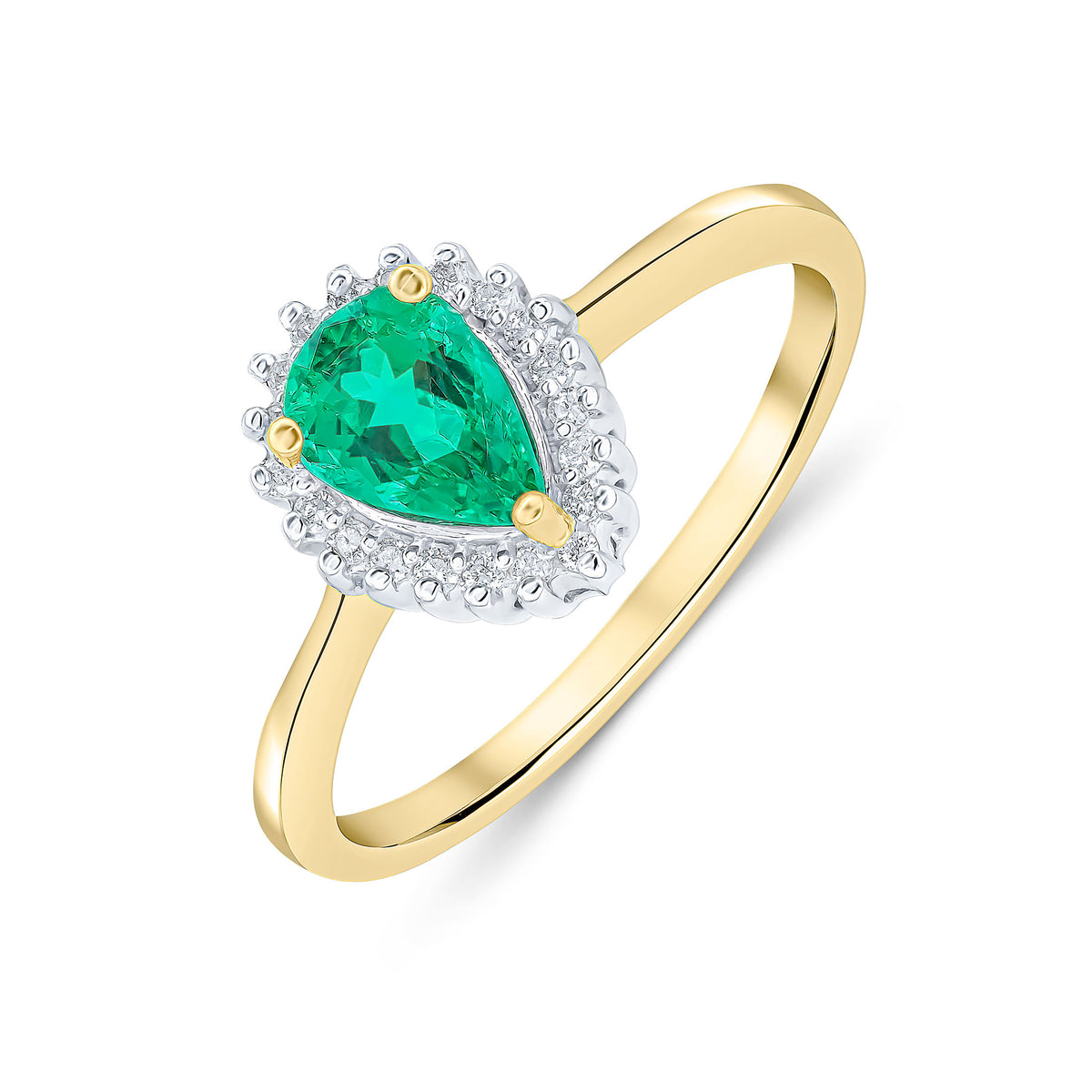 9CT YG 7X5MM PEARSHAPE EMERALD & DIAMOND CLAW SET CLUSTER RING. RHODIUM TO DIAMONDS