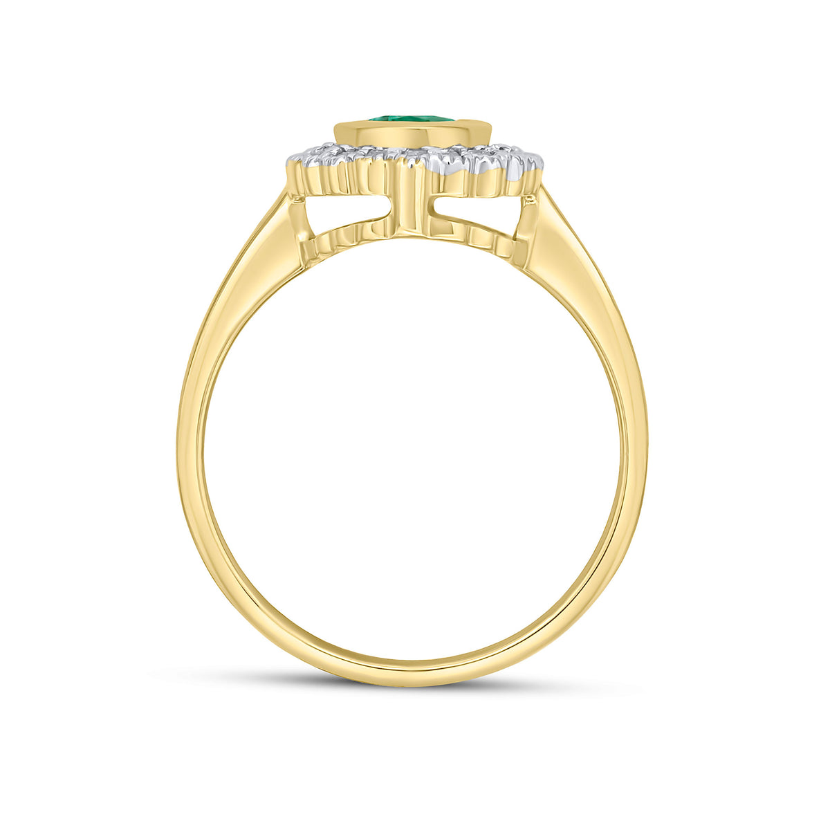 9CT YELLOW GOLD RUBOVER OVAL EMERALD AND MILLEGRAIN ROUND DIAMOND CLUSTER RING. RHODIUM TO DIAMONDS