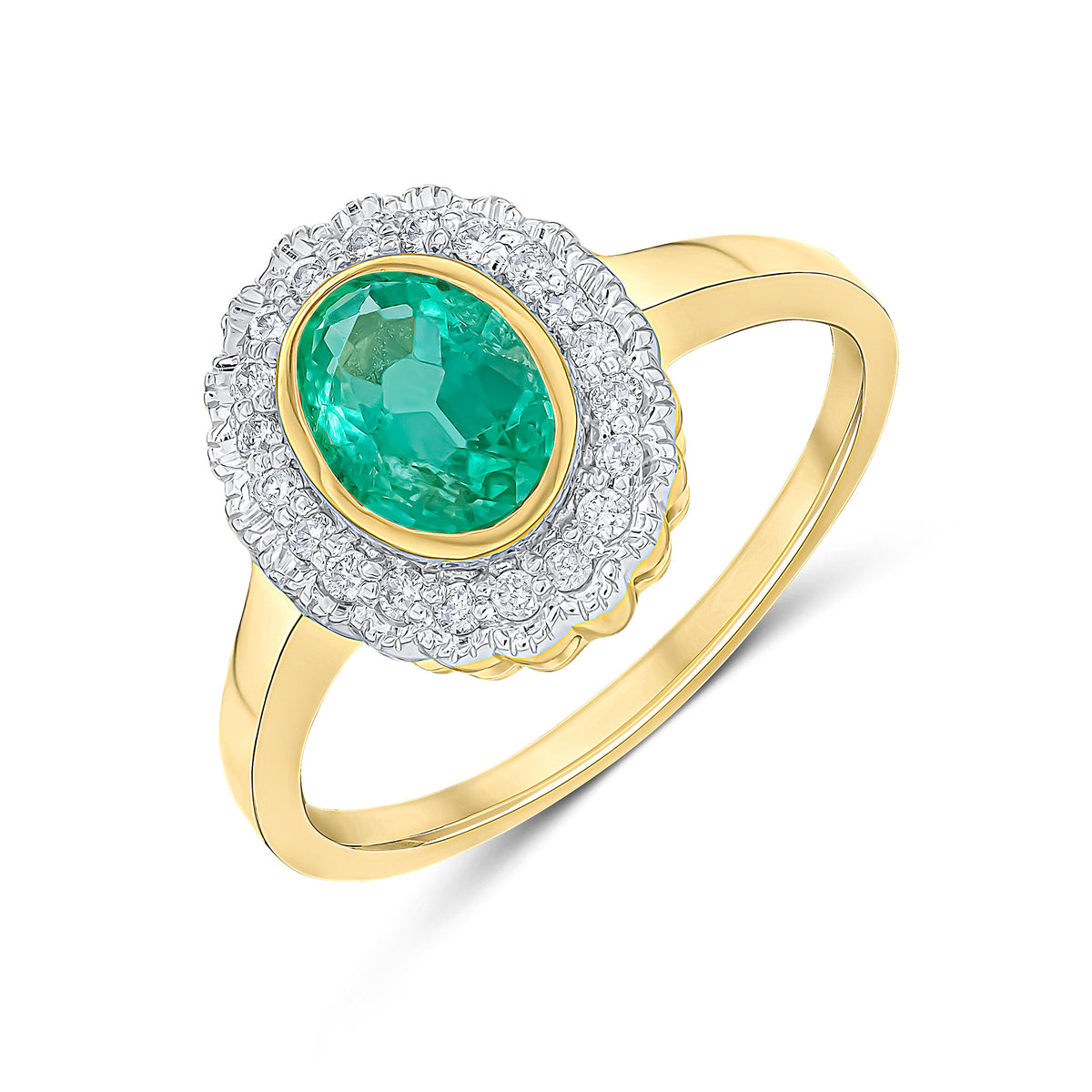 9CT YELLOW GOLD RUBOVER OVAL EMERALD AND MILLEGRAIN ROUND DIAMOND CLUSTER RING. RHODIUM TO DIAMONDS