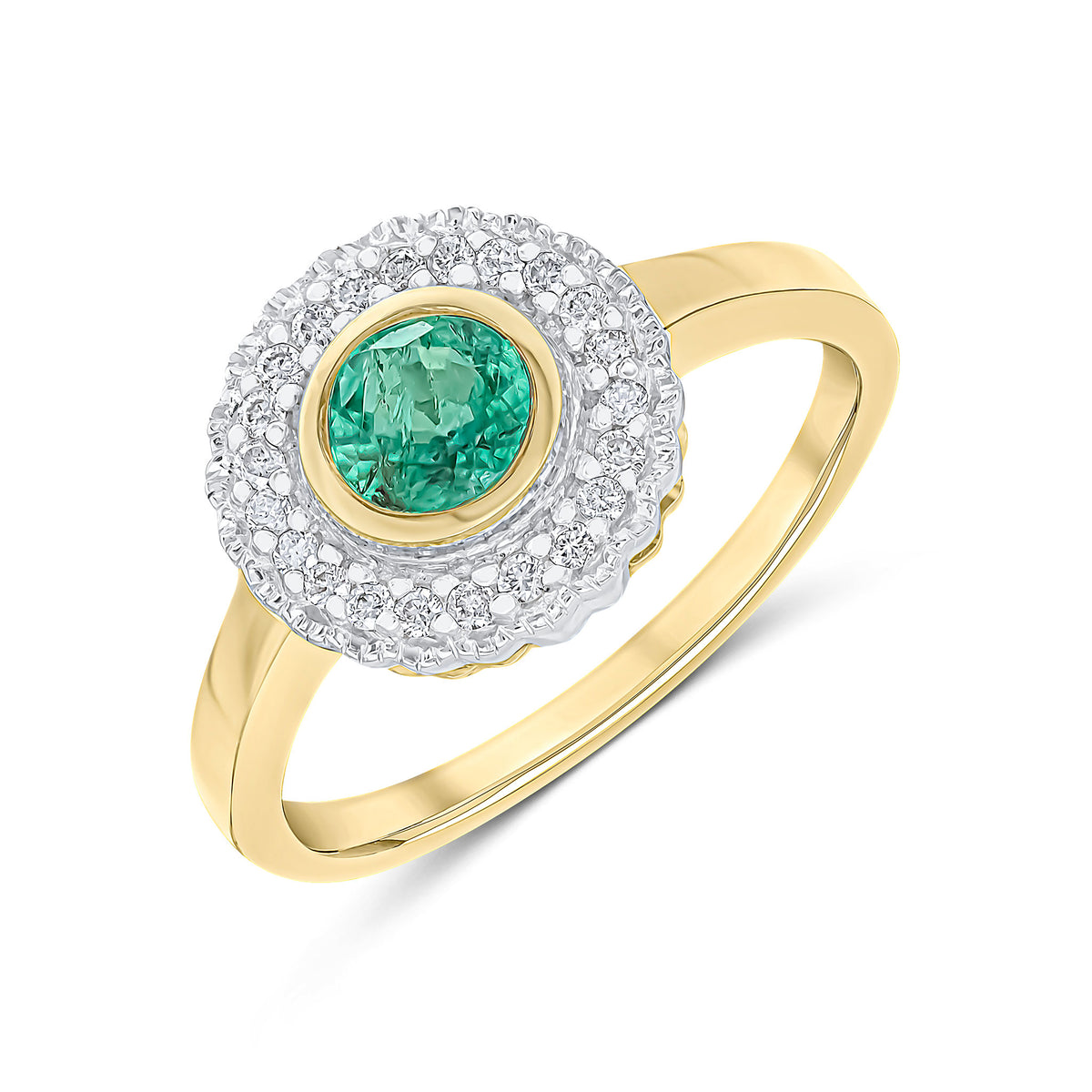 9CT YELLOW GOLD ROUND RUBOVER EMERALD AND MILLEGRAIN ROUND DIAMOND CLUSTER RING. RHODIUM TO DIAMONDS
