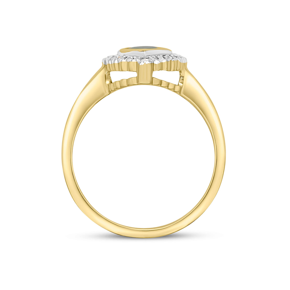 9CT YELLOW GOLD PEARSHAPE RUBOVER EMERALD AND MILLEGRAIN ROUND DIAMOND CLUSTER RING. RHODIUM TO DIAMONDS