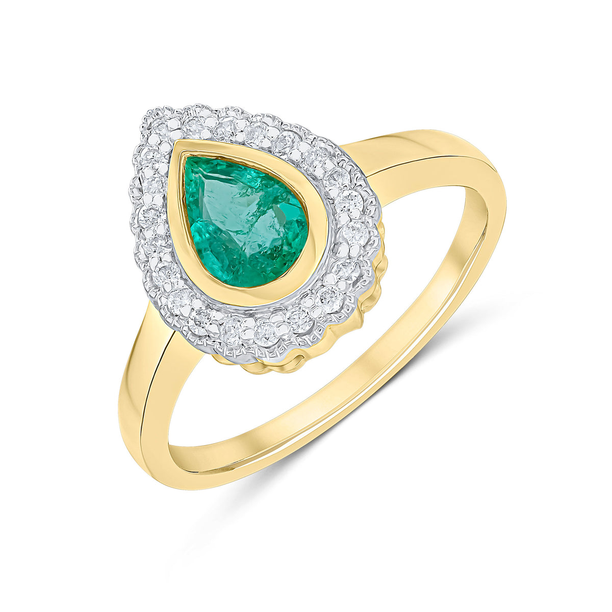 9CT YELLOW GOLD PEARSHAPE RUBOVER EMERALD AND MILLEGRAIN ROUND DIAMOND CLUSTER RING. RHODIUM TO DIAMONDS