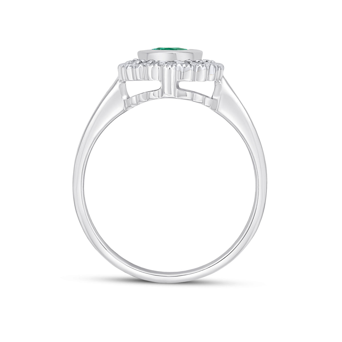 9CT WHITE GOLD RUBOVER OVAL EMERALD AND MILLEGRAIN ROUND DIAMOND CLUSTER RING