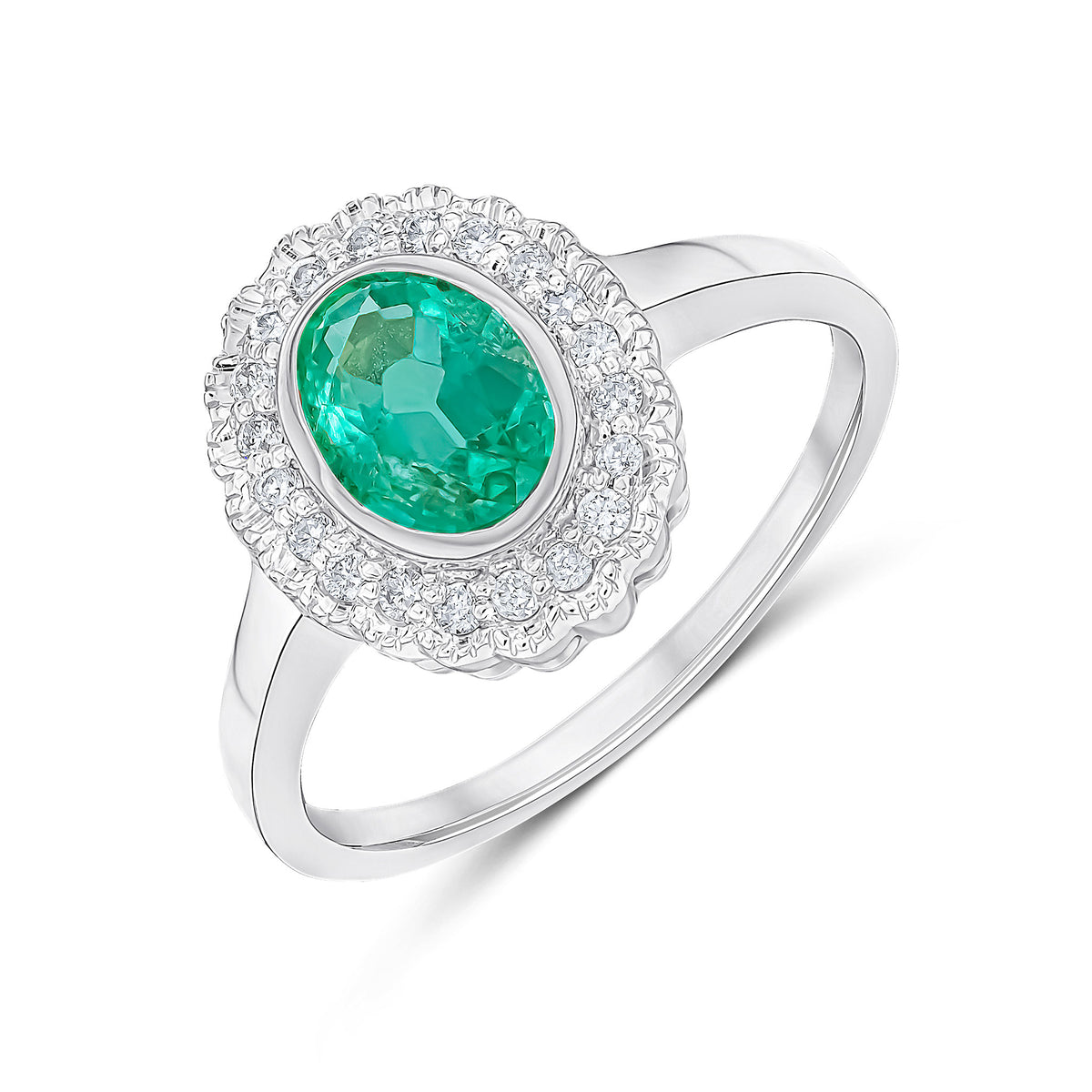 9CT WHITE GOLD RUBOVER OVAL EMERALD AND MILLEGRAIN ROUND DIAMOND CLUSTER RING
