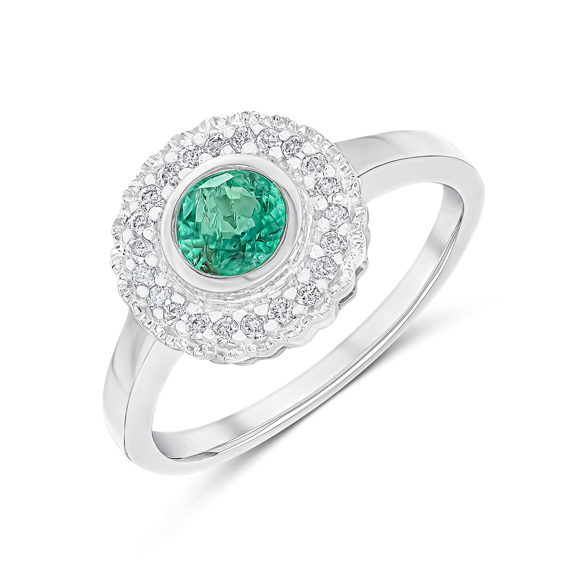 9CT WHITE GOLD ROUND RUBOVER EMERALD AND MILLEGRAIN ROUND DIAMOND CLUSTER RING