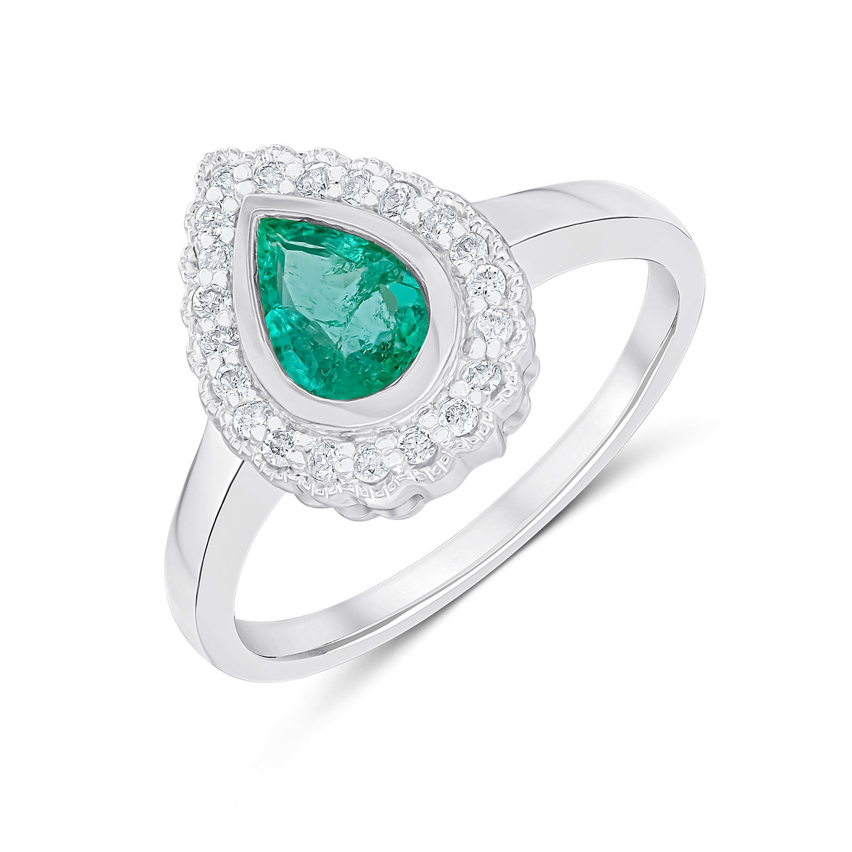 9CT WHITE GOLD PEARSHAPE RUBOVER EMERALD AND MILLEGRAIN ROUND DIAMOND CLUSTER RING