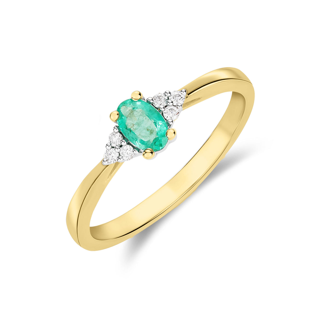 9CT YG OVAL EMERALD AND DIAMOND TREFOIL SHOULDERS CLAW SET RING