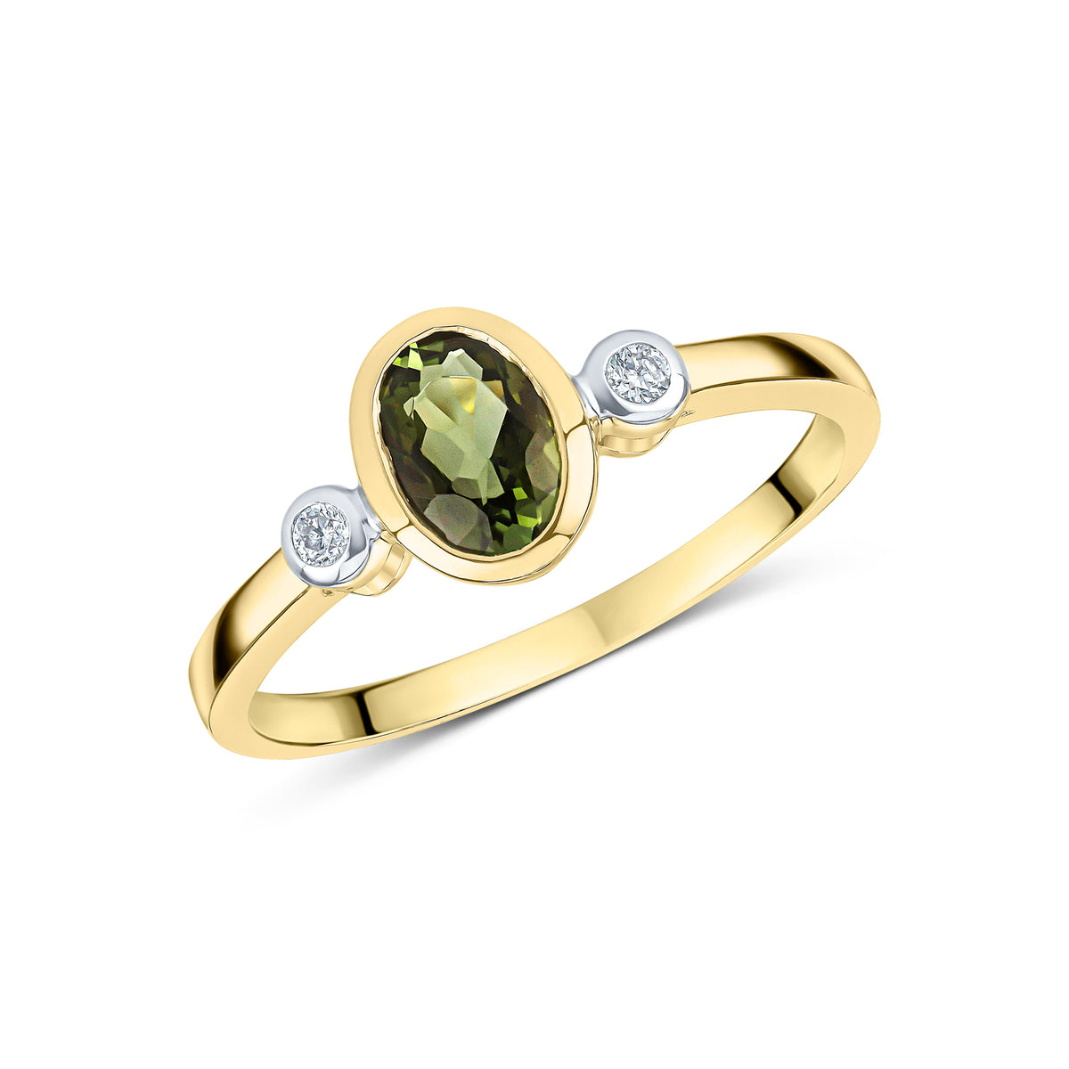 9CT YG 7X5 OVAL GREEN TOURMALINE AND ROUND DIAMOND 3ST RUBOVER RING. RHODIUM TO DIAMONDS