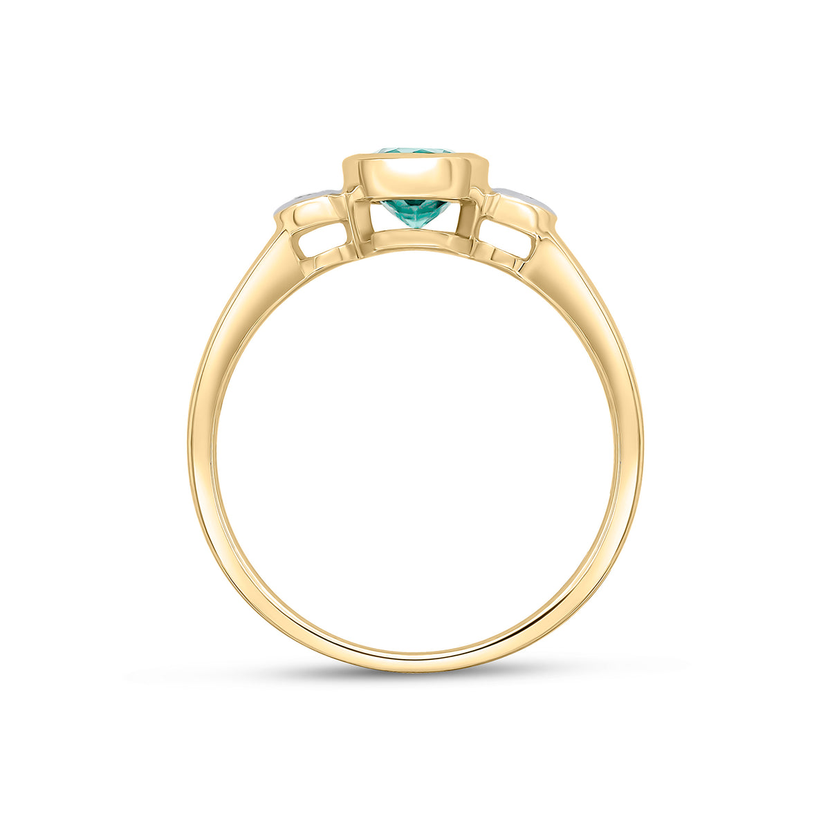 9CT YG 5MM ROUND GREEN TOURMALINE AND DIAMOND RUBOVER 3ST RING. RHODIUM TO DIAMONDS