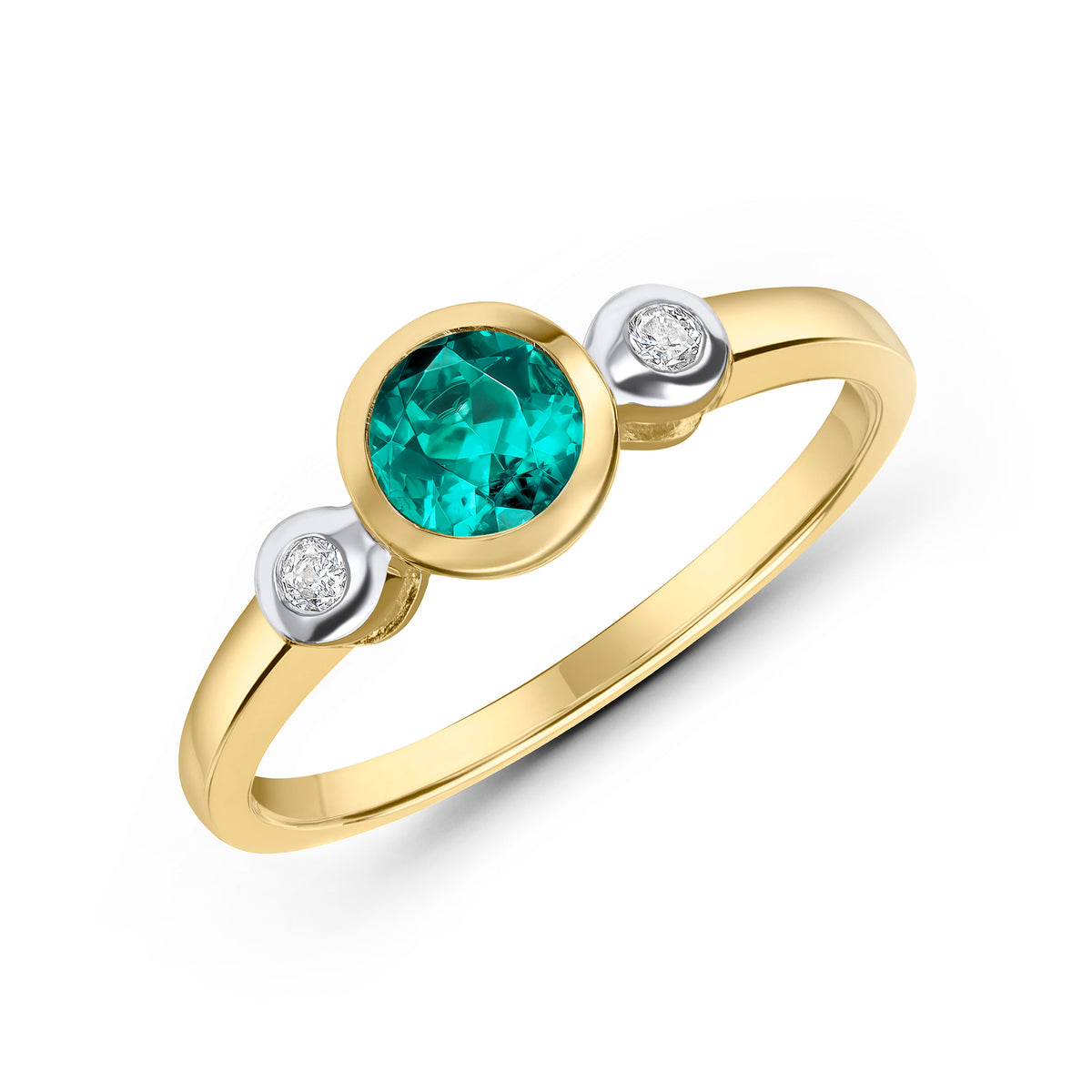 9CT YG 5MM ROUND GREEN TOURMALINE AND DIAMOND RUBOVER 3ST RING. RHODIUM TO DIAMONDS