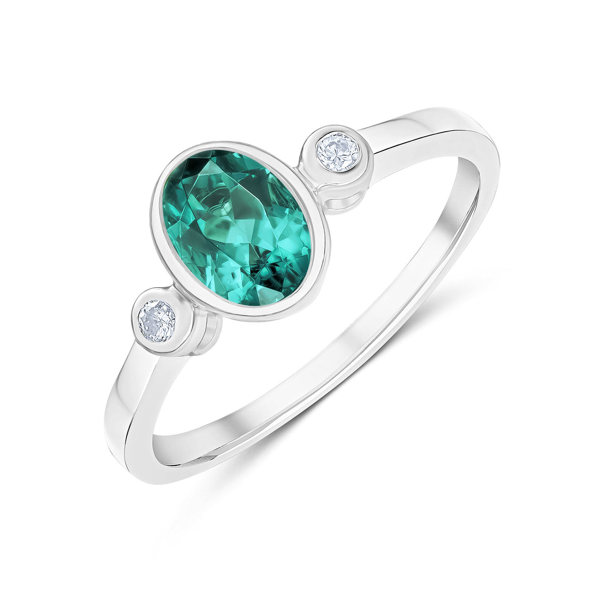 9CT WG 7X5 OVAL GREEN TOURMALINE AND ROUND DIAMOND 3ST RUBOVER RING