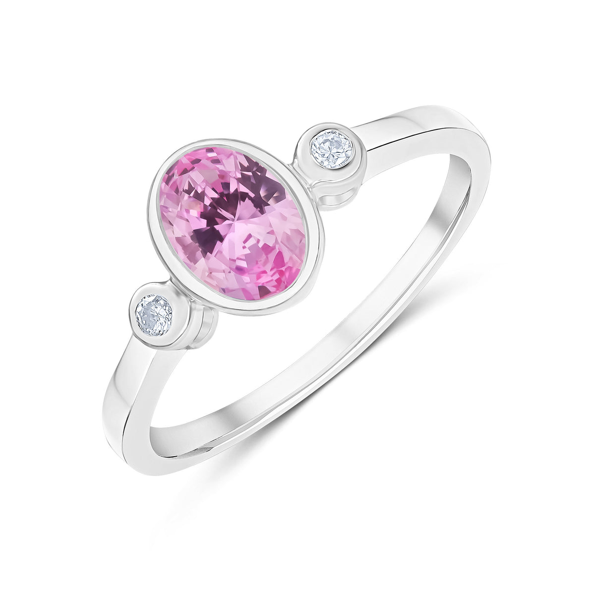9CT WG 7X5 OVAL PINK TOURMALINE AND ROUND DIAMOND 3ST RUBOVER RING