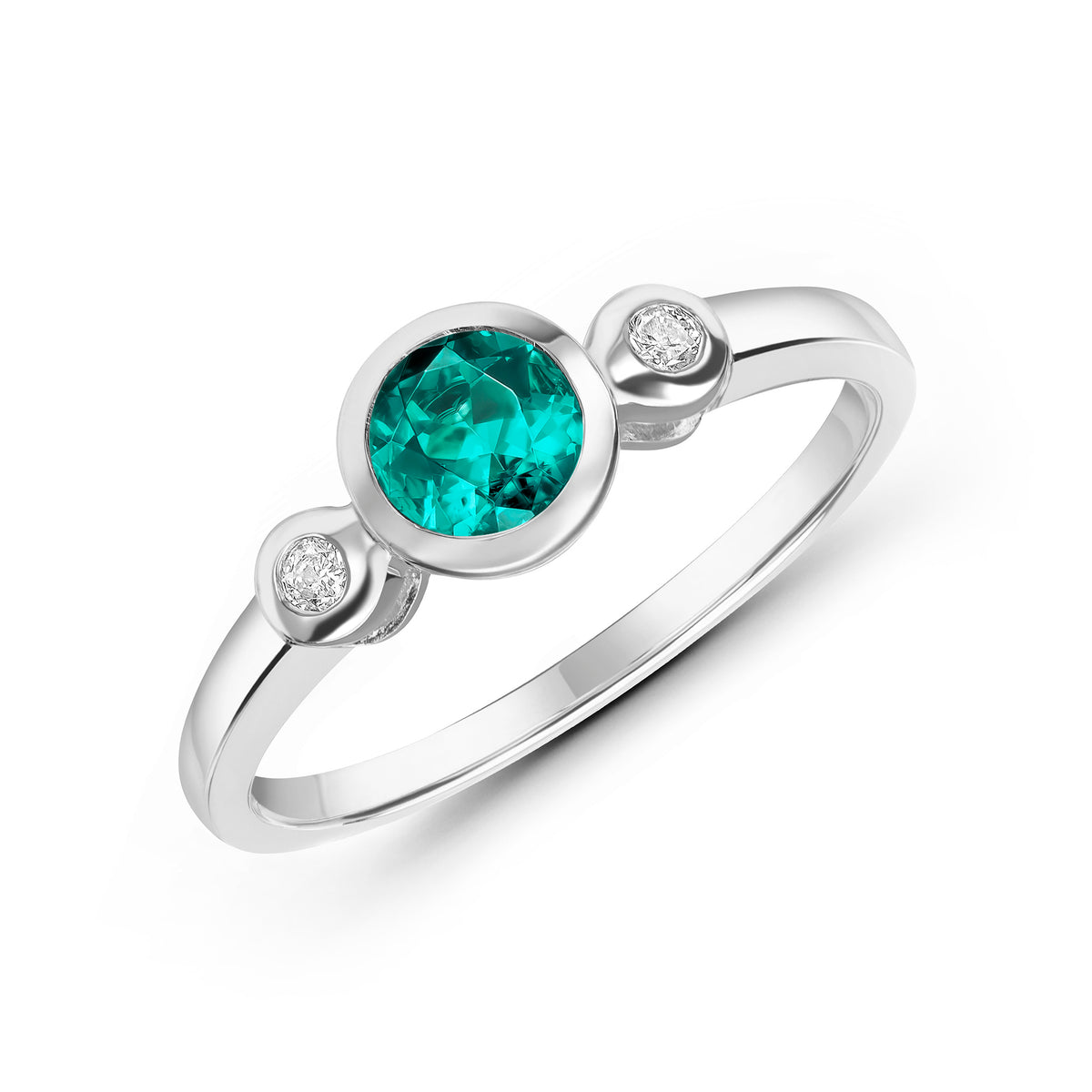 9CT WG 5MM ROUND GREEN TOURMALINE AND DIAMOND RUBOVER 3ST RING