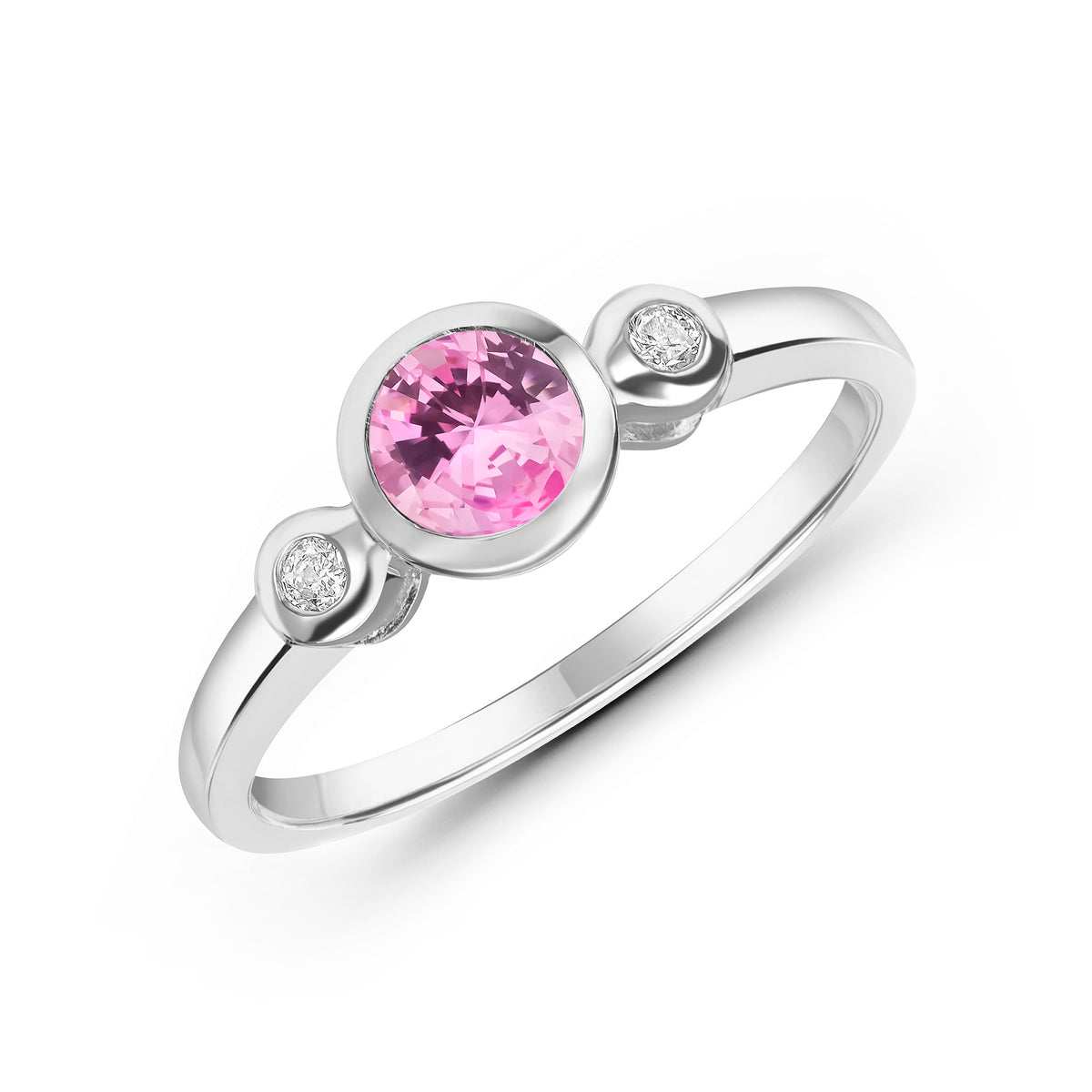 9CT WG 5MM ROUND PINK TOURMALINE AND DIAMOND RUBOVER 3ST RING