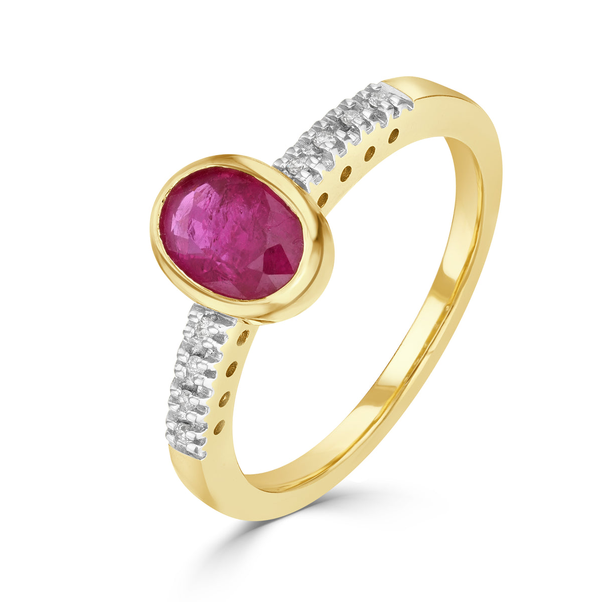 9CT YG RUBOVER 7X5 OVAL RUBY SINGLE STONE RING WITH CLAW SET DIAMOND SHOULDERS. RHODIUM TO DIAMONDS