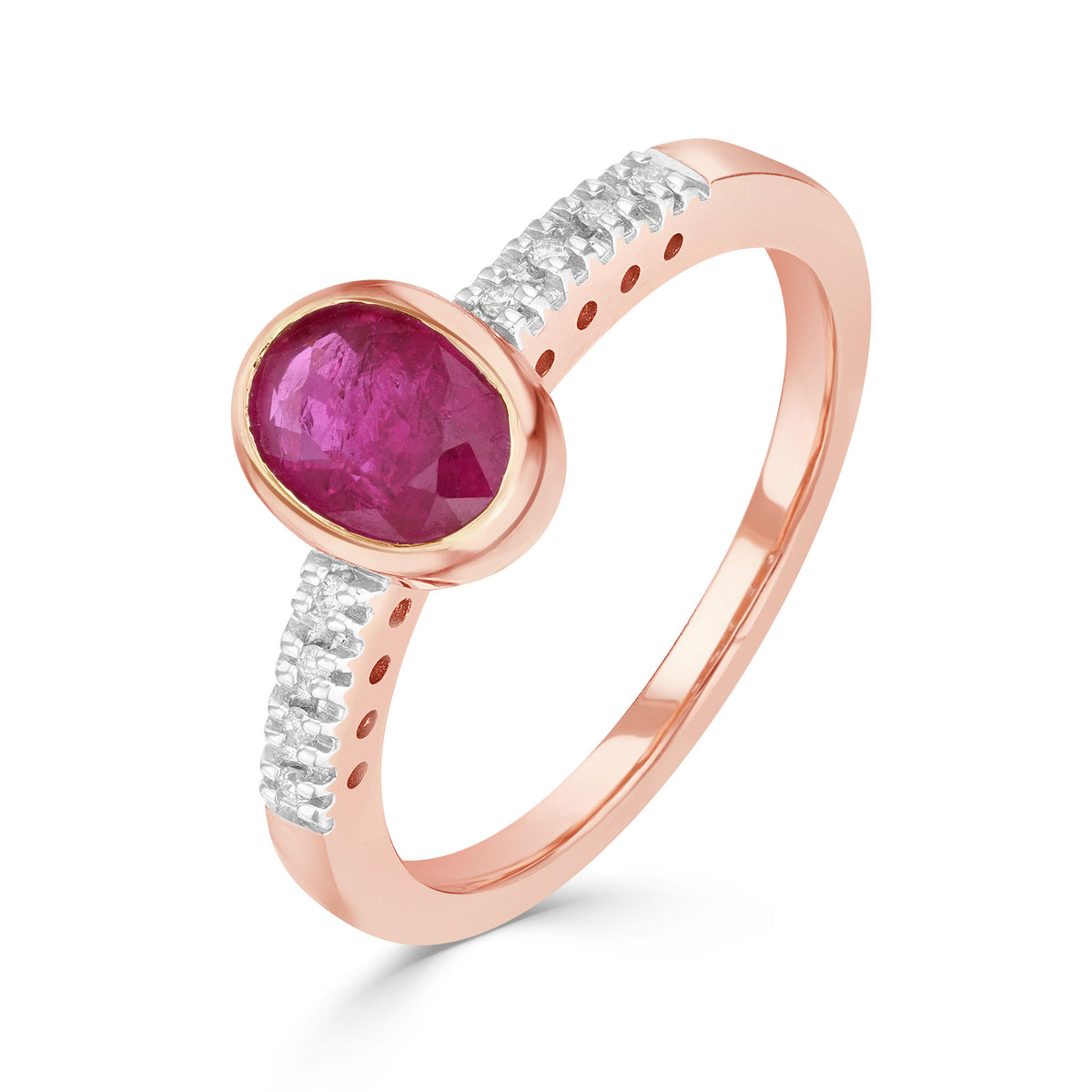 9CT RG RUBOVER 7X5 OVAL RUBY SINGLE STONE RING WITH CLAW SET DIAMOND SHOULDERS. RHODIUM TO DIAMONDS