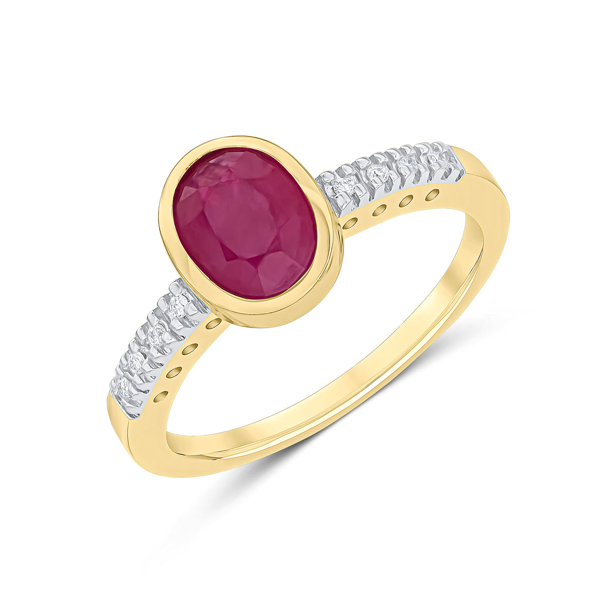 9CT YG RUBOVER 8X6 OVAL RUBY SINGLE STONE RING WITH CLAW SET DIAMOND SHOULDERS. RHODIUM TO DIAMONDS