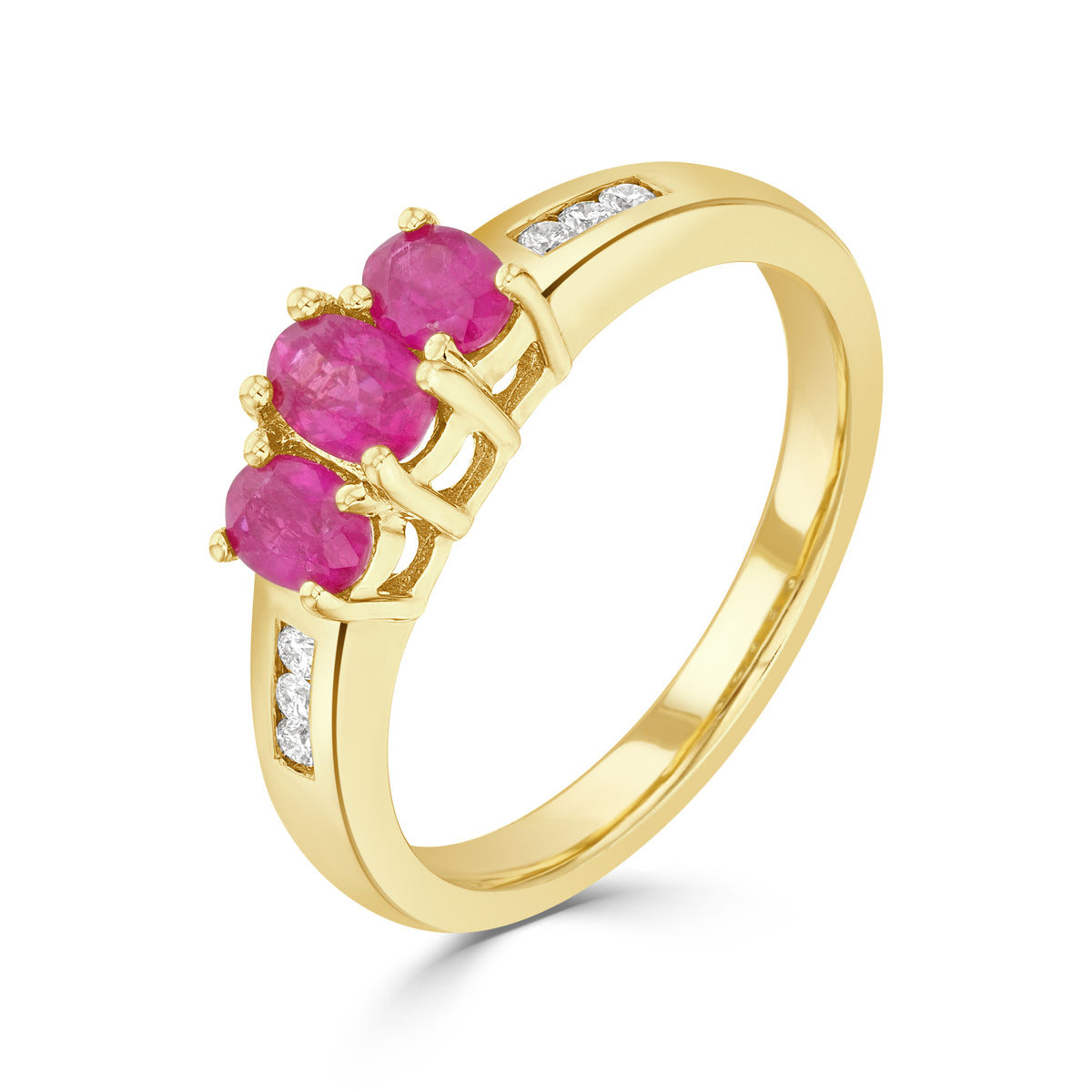 9CT YG OVAL RUBY CLAW SET 3ST RING WITH CHANNEL SET DIAMOND SHOULDERS