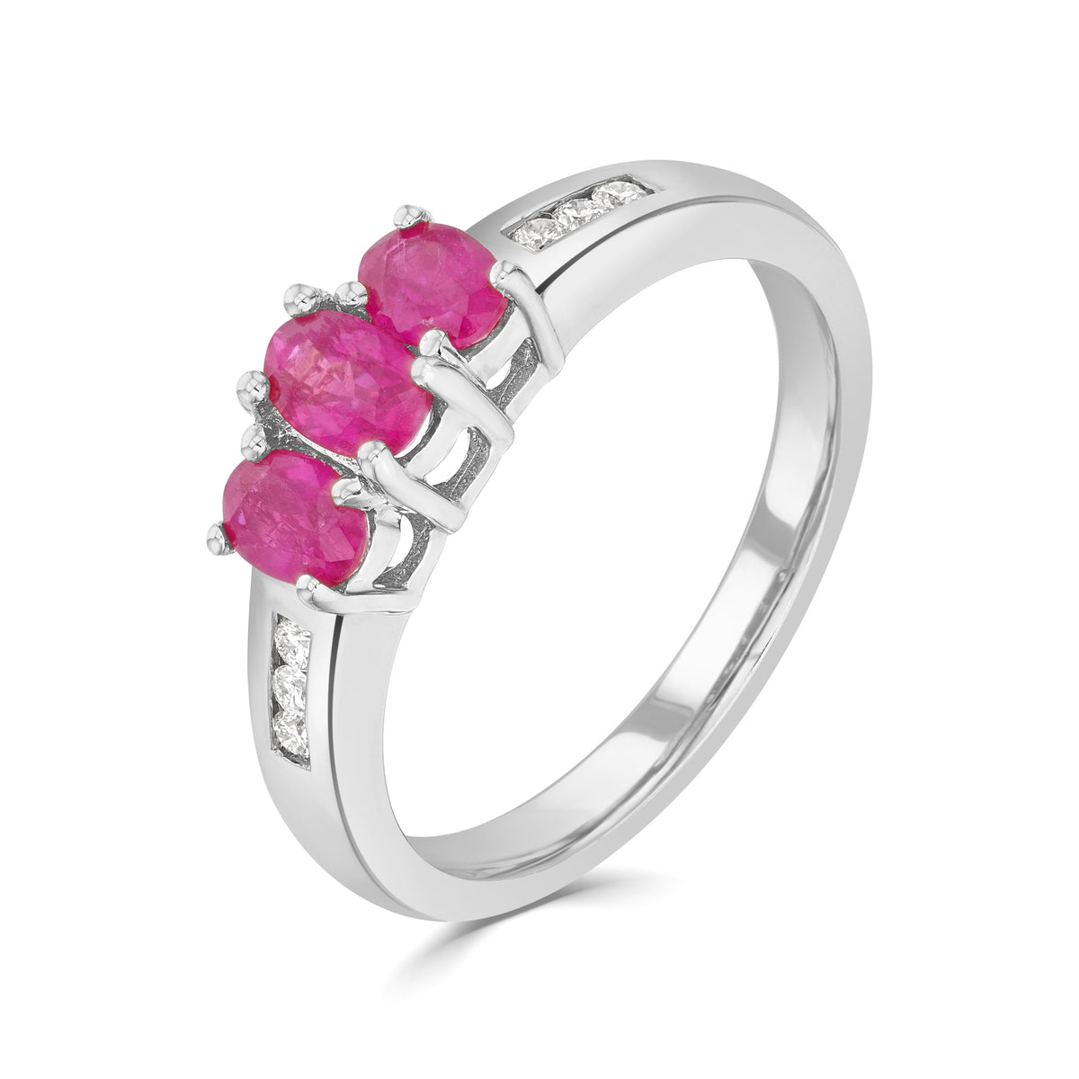 9CT WG OVAL RUBY CLAW SET 3ST RING WITH CHANNEL SET DIAMOND SHOULDERS