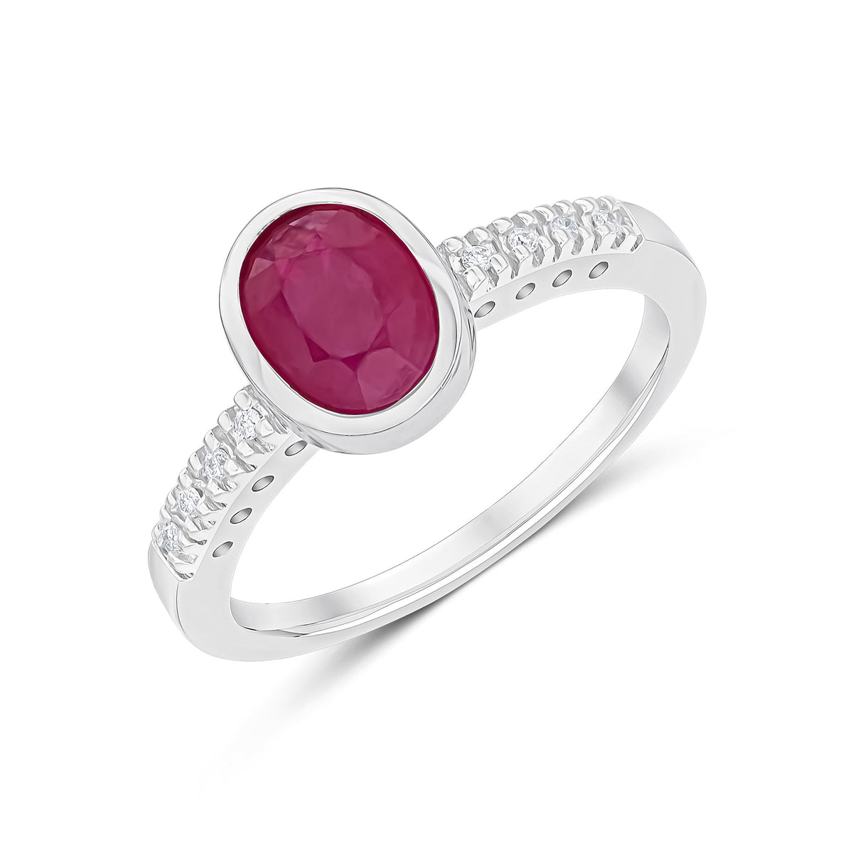 9CT WG RUBOVER 8X6 OVAL RUBY SINGLE STONE RING WITH CLAW SET DIAMOND SHOULDERS