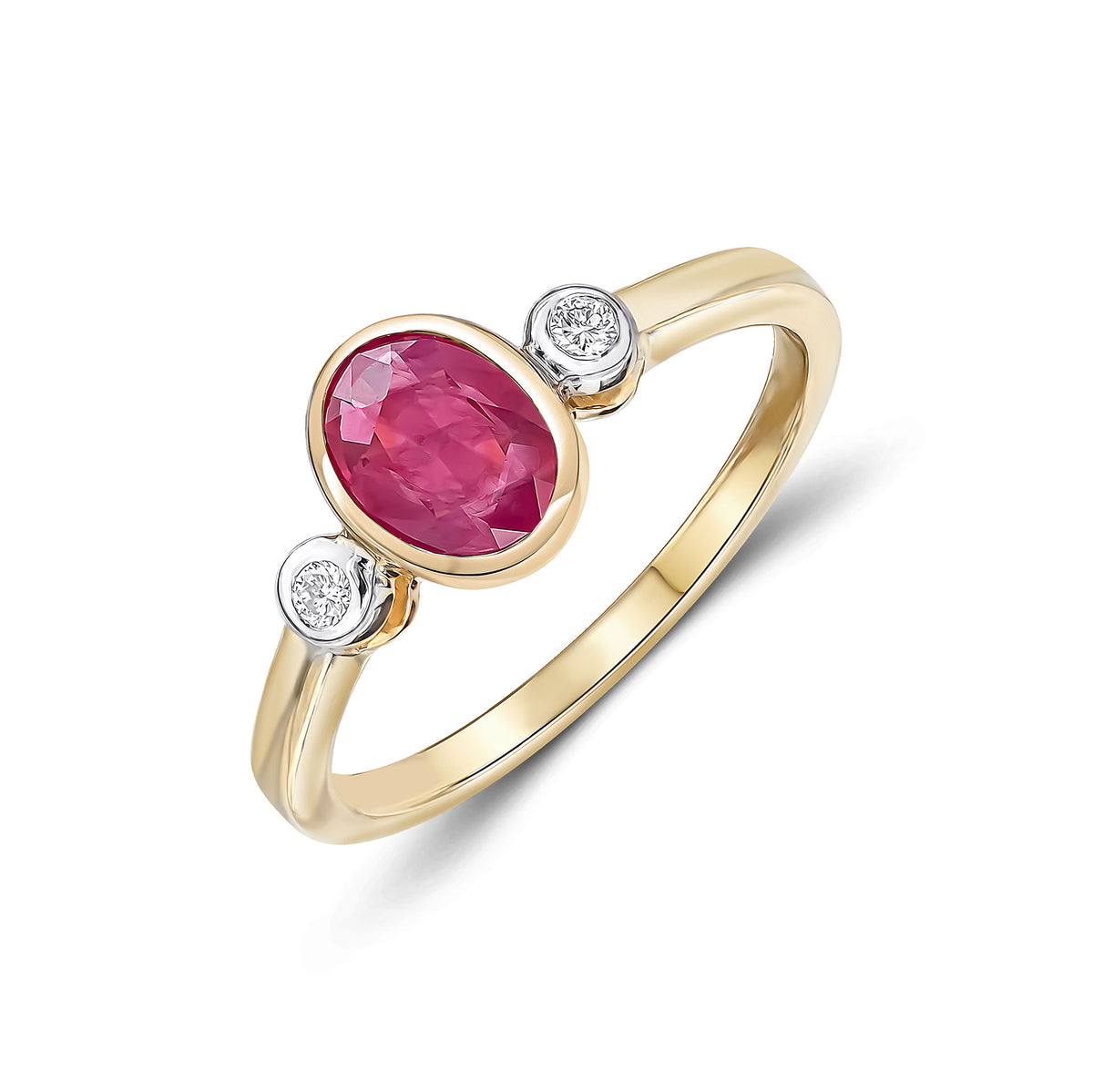 9CT YG 7X5 OVAL RUBY AND ROUND DIAMOND 3ST RUBOVER RING. RHODIUM TO DIAMONDS