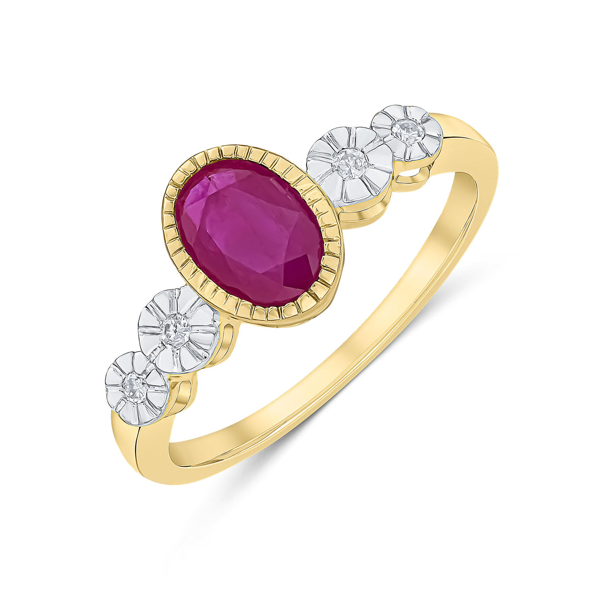 9CT YELLOW GOLD MILLEGRAIN OVAL RUBY AND ILLUSION DIAMOND 4ST SHOULDERS RING