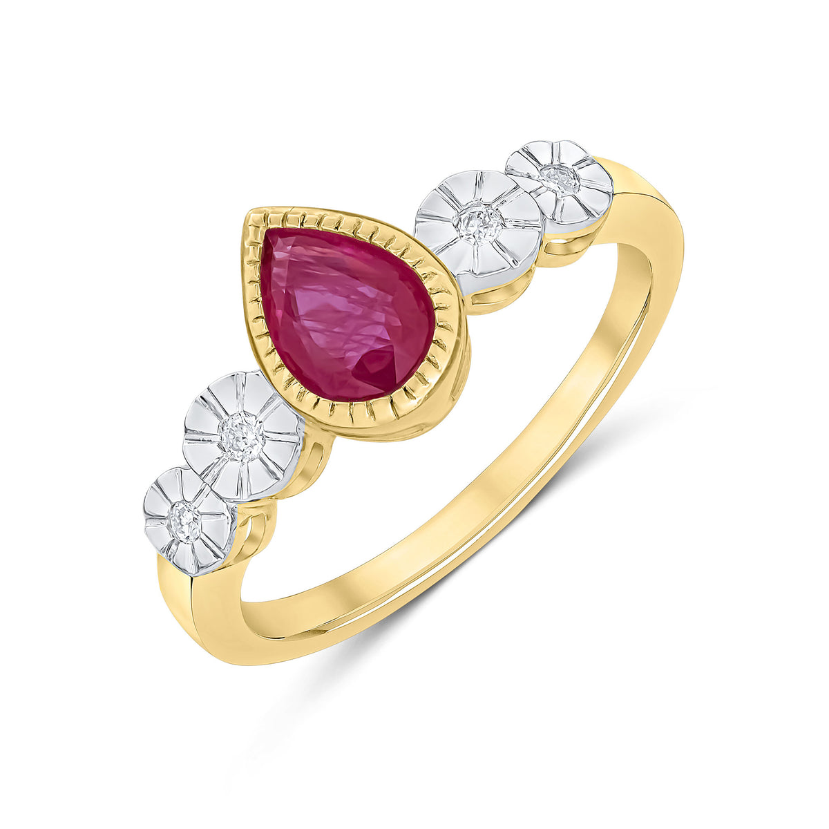 9CT YELLOW GOLD MILLEGRAIN PEARSHAPE RUBY AND ILLUSION DIAMOND 4ST SHOULDERS RING. RHODIUM TO DIAMONDS