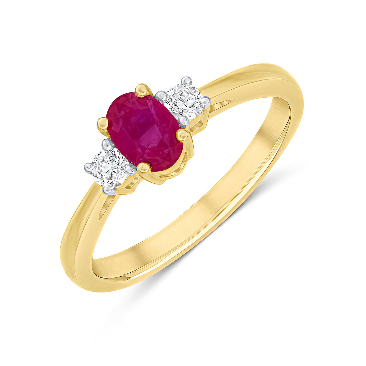 9CT YG 6X4 OVAL RUBY AND ROUND DIAMOND CLAW SET 3ST RING. RHODIUM TO DIAMONDS