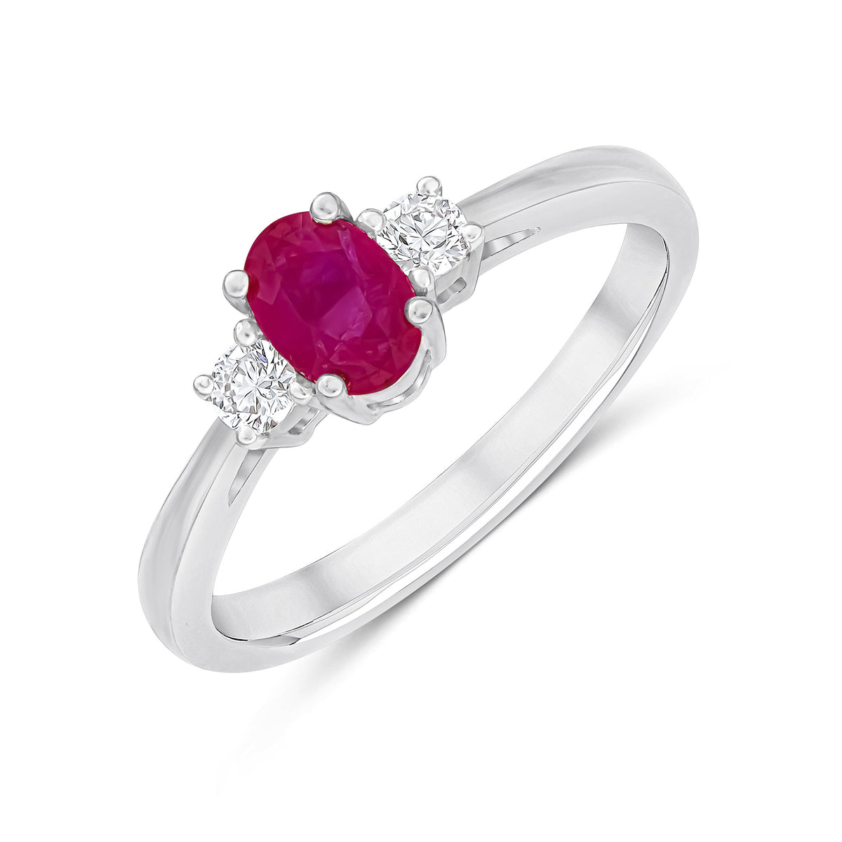 9CT WG 6X4 OVAL RUBY AND ROUND DIAMOND CLAW SET 3ST RING