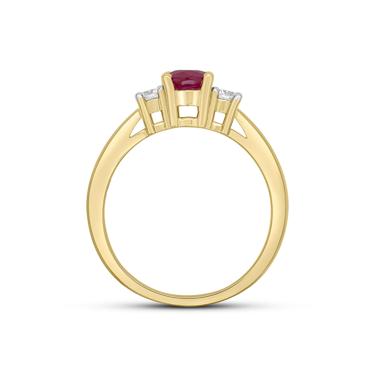 9CT YELLOW GOLD OVAL RUBY AND ROUND DIAMOND CLAW SET 3ST RING. RHODIUM TO DIAMONDS