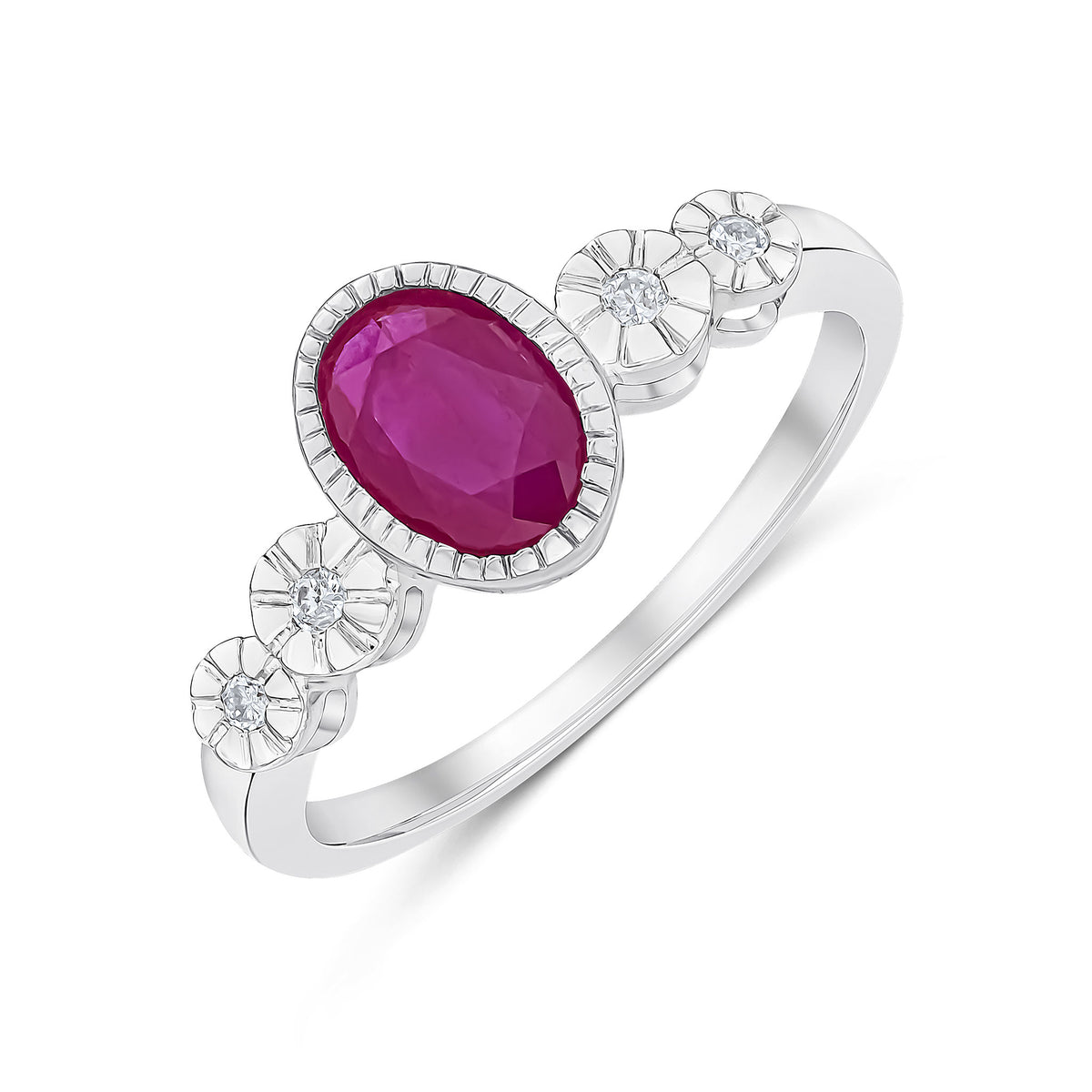 9CT WHITE GOLD MILLEGRAIN OVAL RUBY AND ILLUSION DIAMOND 4ST SHOULDERS RING