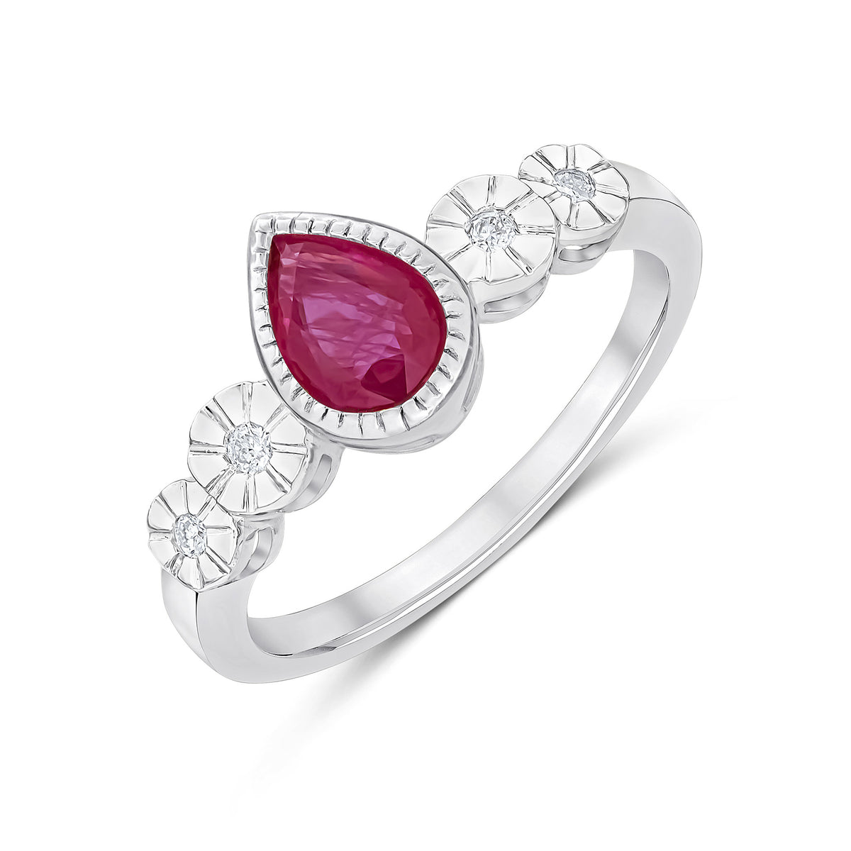 9CT WHITE GOLD MILLEGRAIN PEARSHAPE RUBY AND ILLUSION DIAMOND 4ST SHOULDERS RING