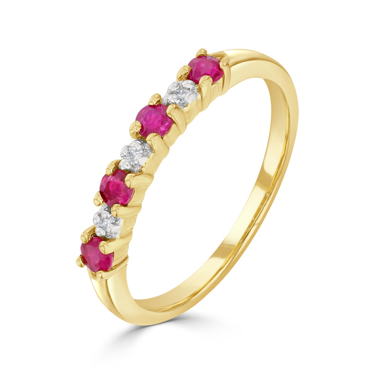 9CT YG ROUND RUBY & DIAMOND CLAW SET 7ST RING