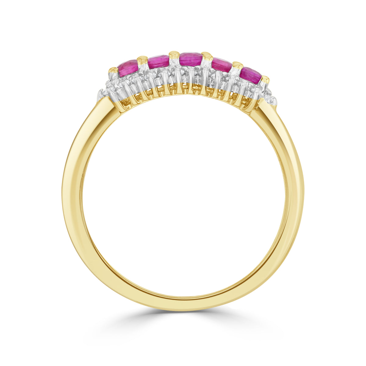 9CT YG ROUND RUBY AND ROUND DIAMOND 3 ROW CLAW SET BAND RING. RHODIUM TO DIAMONDS