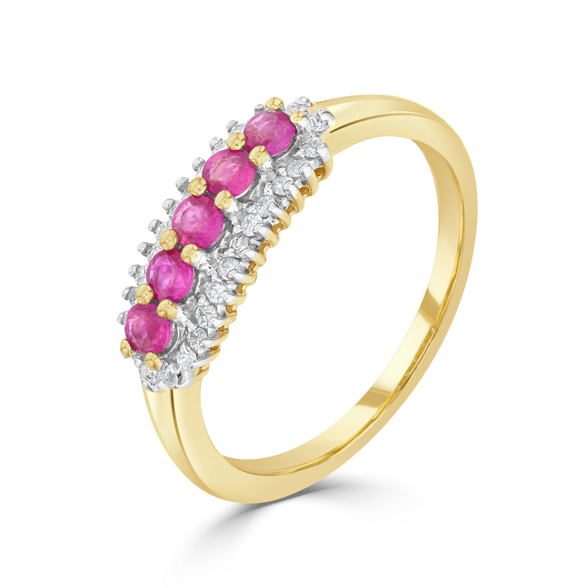 9CT YG ROUND RUBY AND ROUND DIAMOND 3 ROW CLAW SET BAND RING. RHODIUM TO DIAMONDS