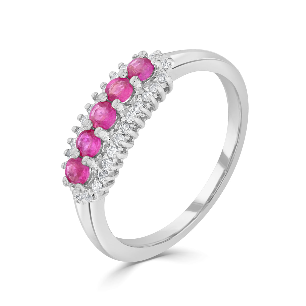 9CT WG ROUND RUBY AND ROUND DIAMOND 3 ROW CLAW SET BAND RING
