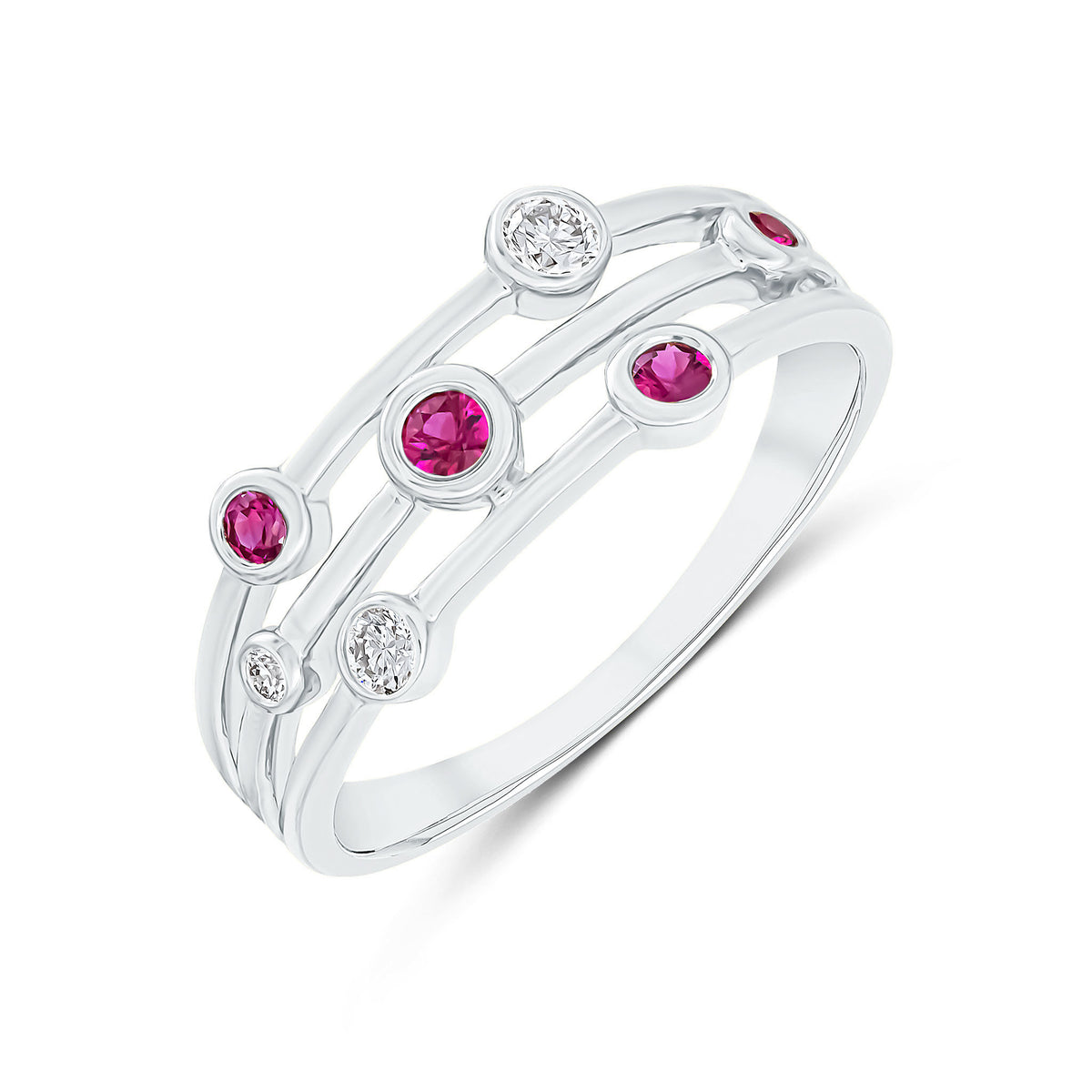 9CT WG RUBY AND DIAMOND 3 ROW BUBBLE RING
