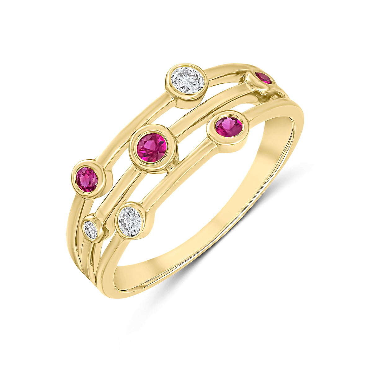 9CT YG ROUND RUBY AND ROUND DIAMOND 3 ROW RUBOVER BUBBLE RING