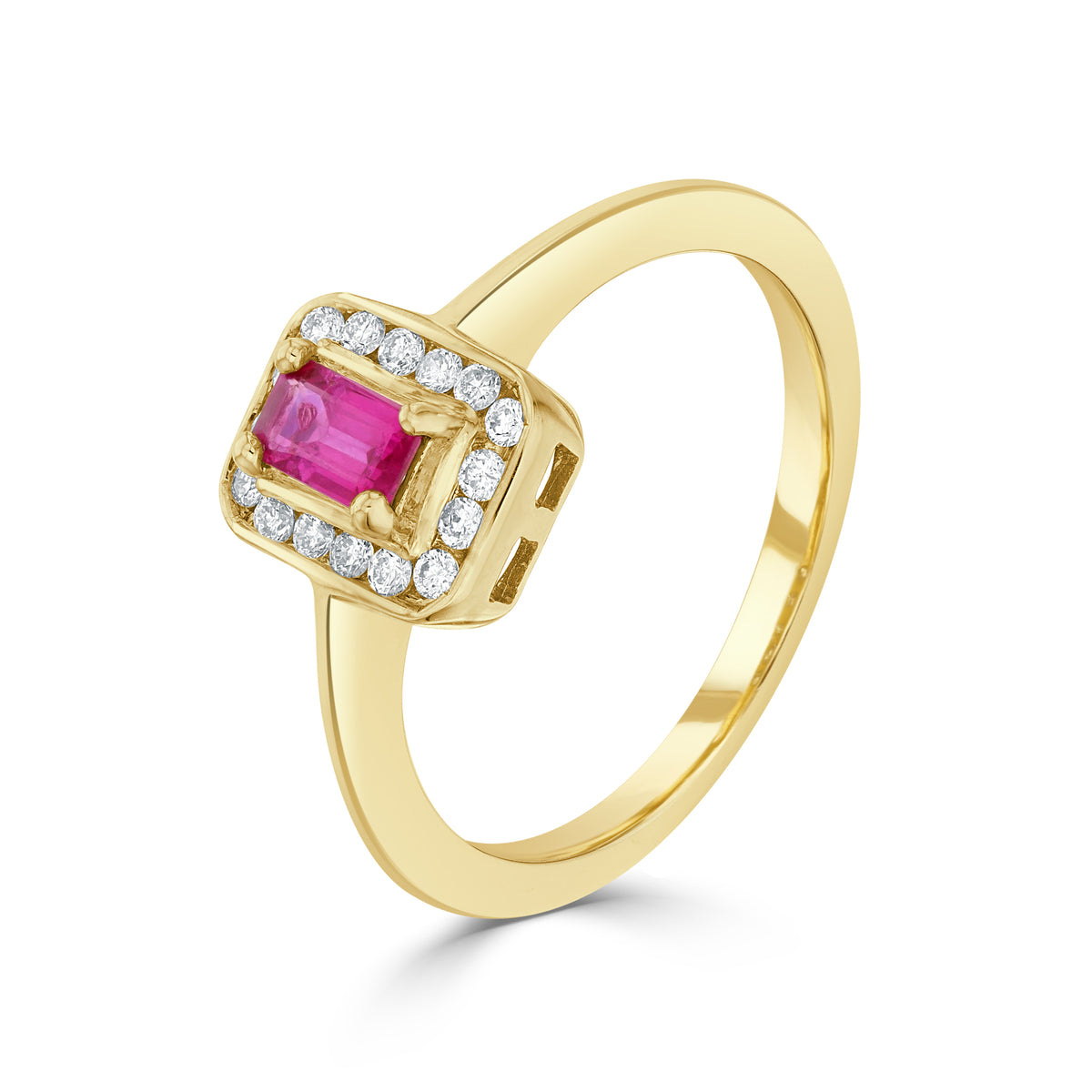 9CT YG CLAW SET 5X3 OCTAGON RUBY AND CHANNEL SET ROUND DIAMOND CLUSTER RING
