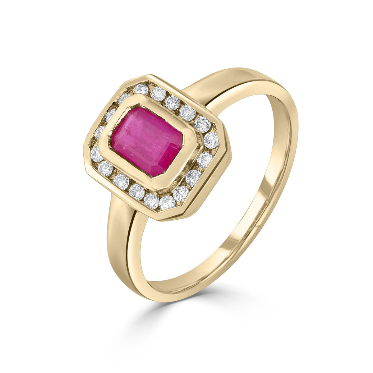 9CT YG RUBOVER 6X4 OCTAGON RUBY & CHANNEL SET DIAMOND CLUSTER RING